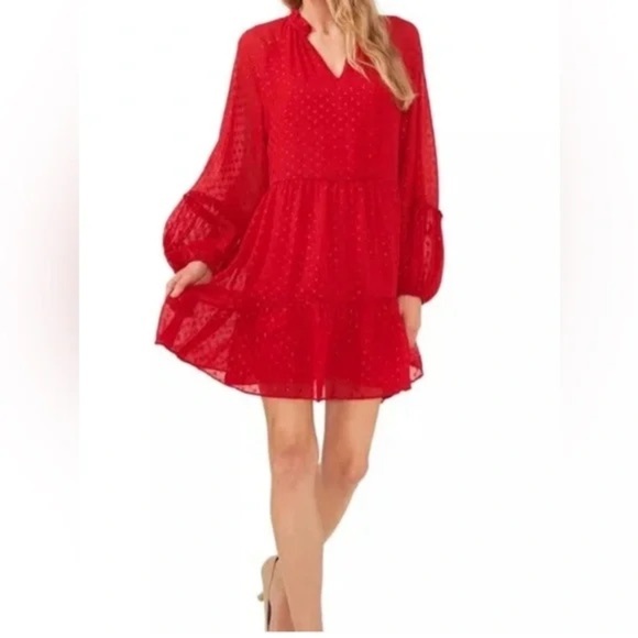 CeCe Tiered Dress Shift V-Neck Long Sleeve Red With Sparkly Dots Sz Small - Picture 1 of 5